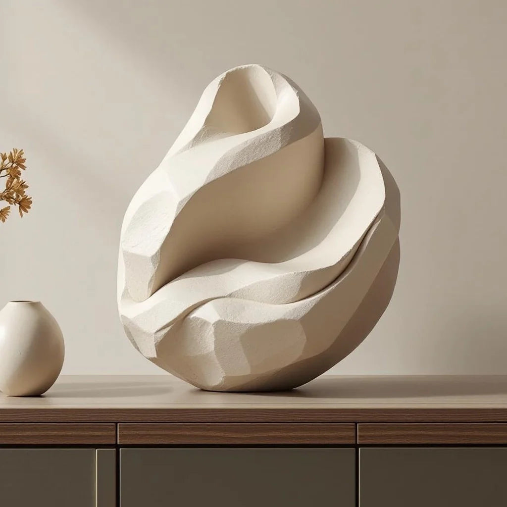 Artisan Stone Sculpture Object in Cream