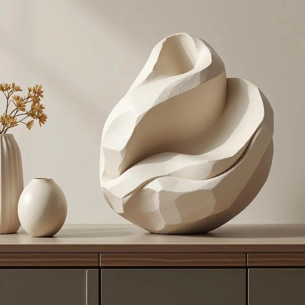 Artisan Stone Sculpture Object in Cream