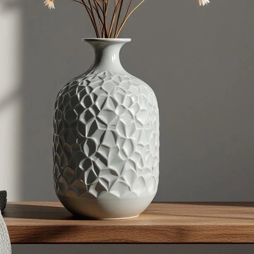 Carved Stoneware Statement Vase in Fog Gray