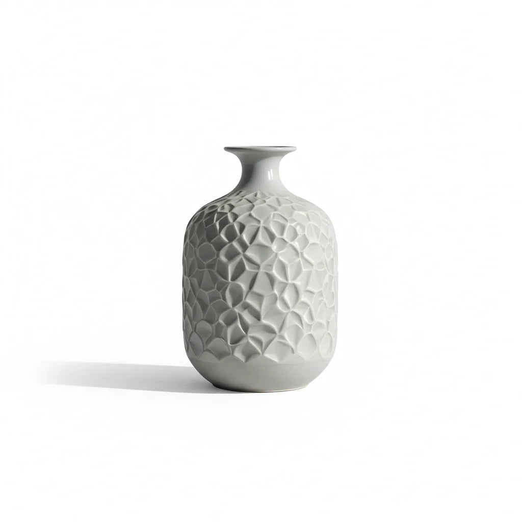 Carved Stoneware Statement Vase in Fog Gray