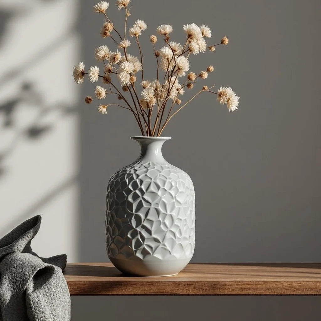 Carved Stoneware Statement Vase in Fog Gray