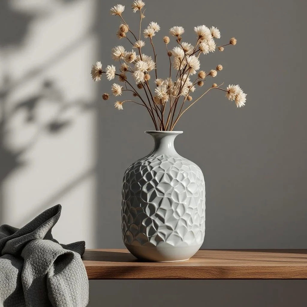 Carved Stoneware Statement Vase in Fog Gray