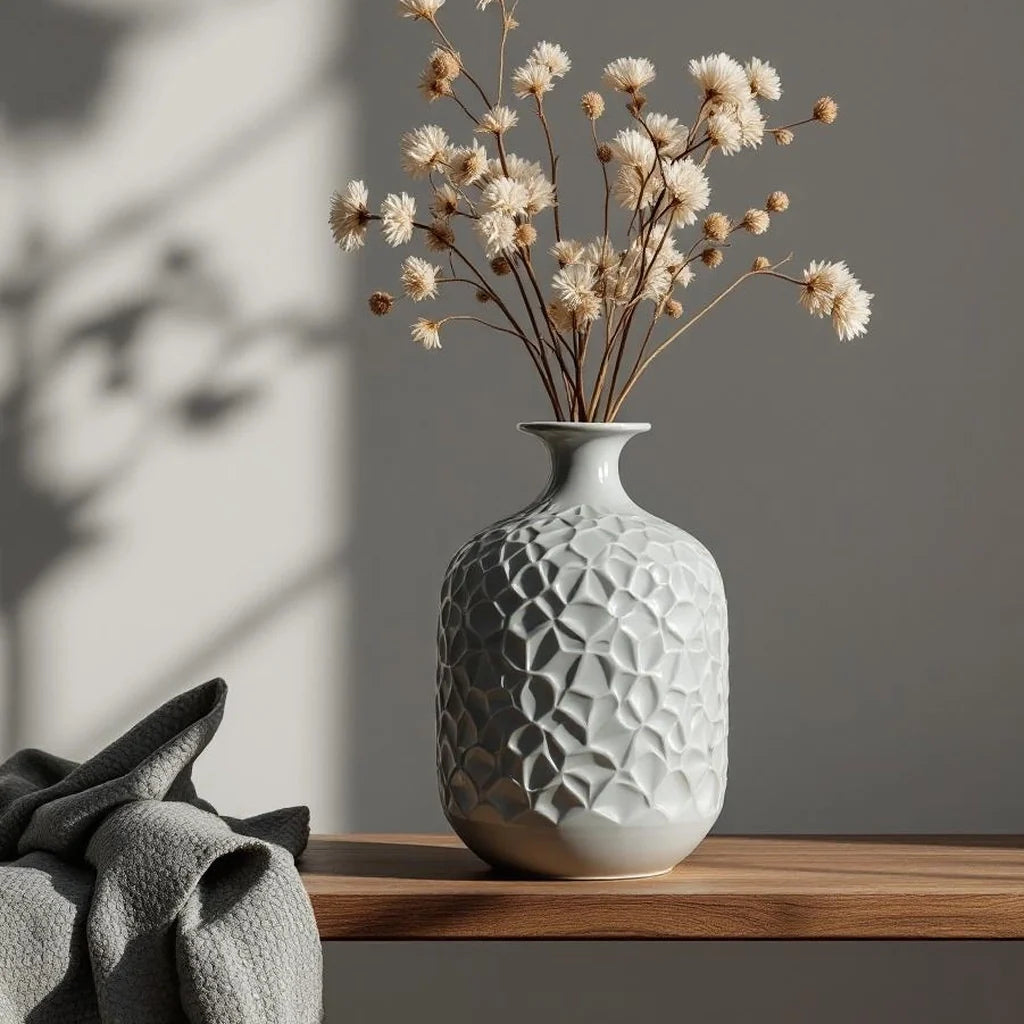 Carved Stoneware Statement Vase in Fog Gray