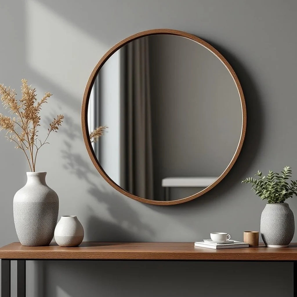 Framed Round Mirror with Walnut Finish