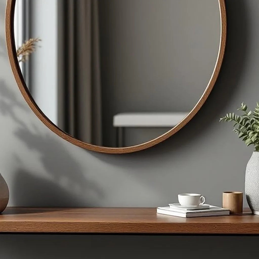 Framed Round Mirror with Walnut Finish