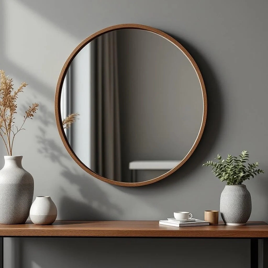 Framed Round Mirror with Walnut Finish