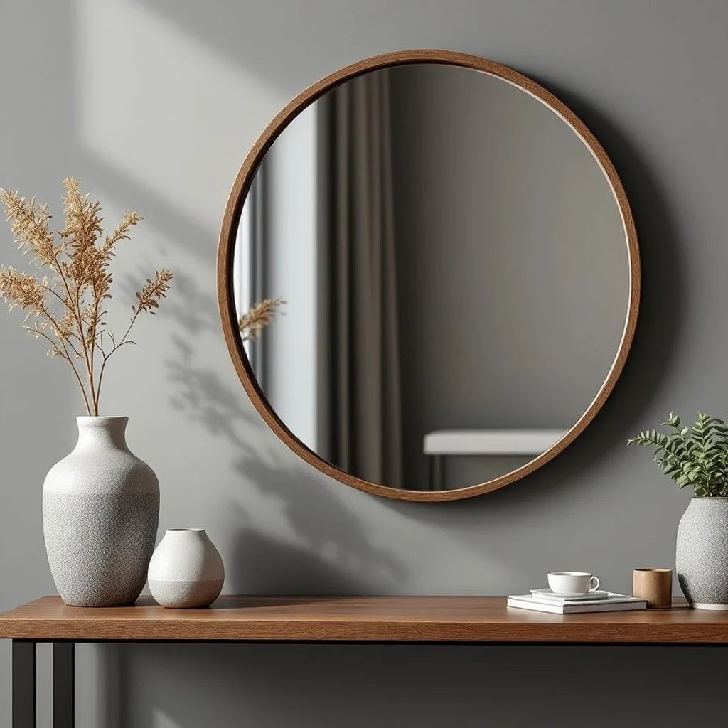 Framed Round Mirror with Walnut Finish