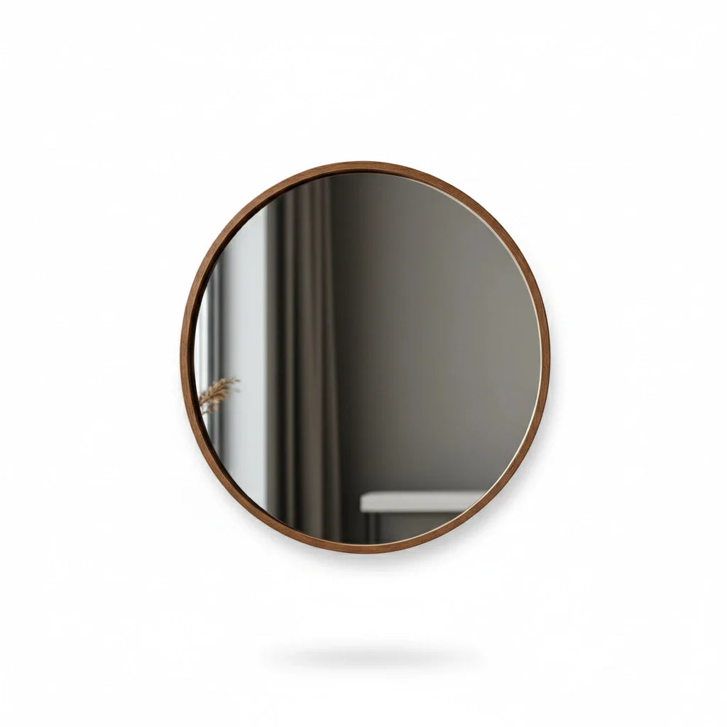 Framed Round Mirror with Walnut Finish