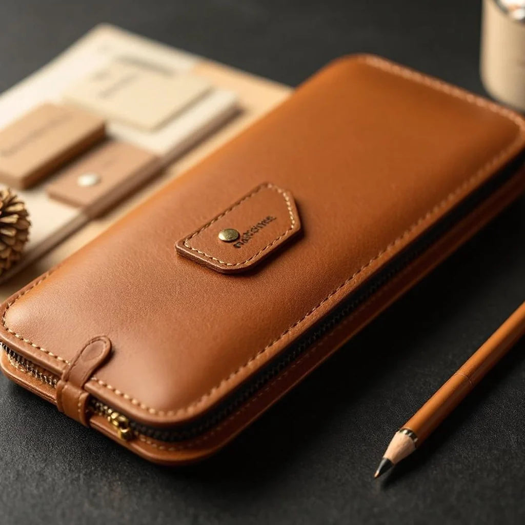Leather-Trim Pen & Pencil Case in Tan