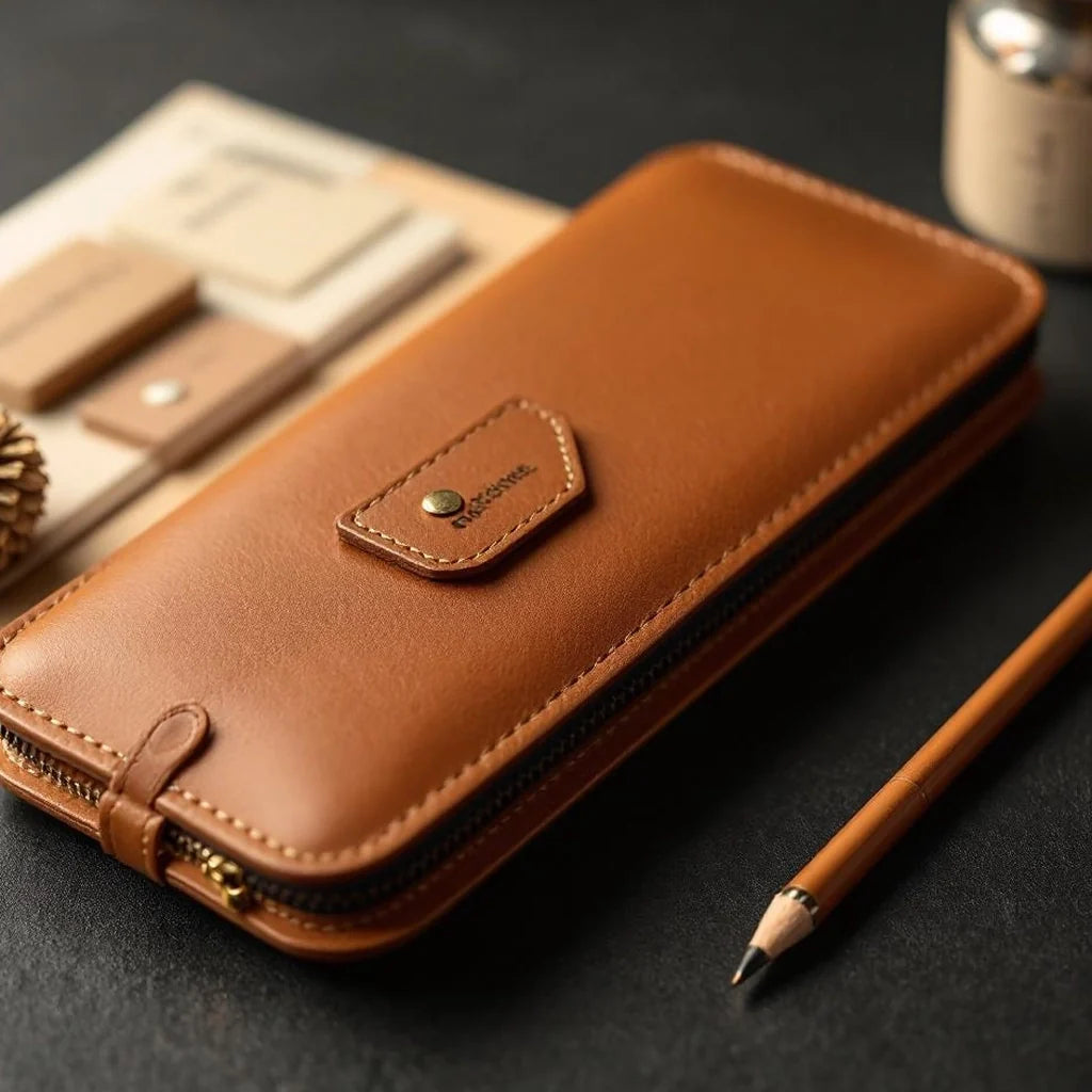 Leather-Trim Pen & Pencil Case in Tan