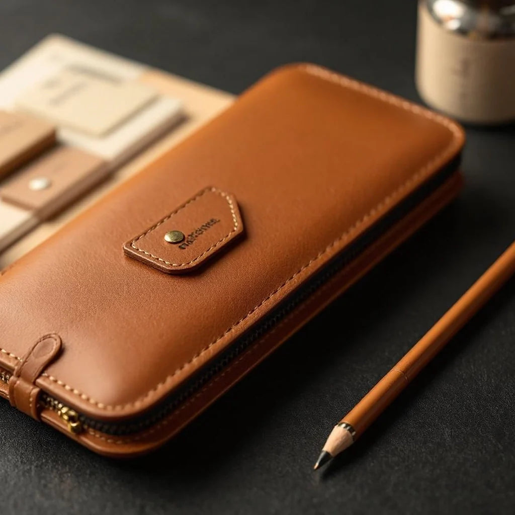 Leather-Trim Pen & Pencil Case in Tan