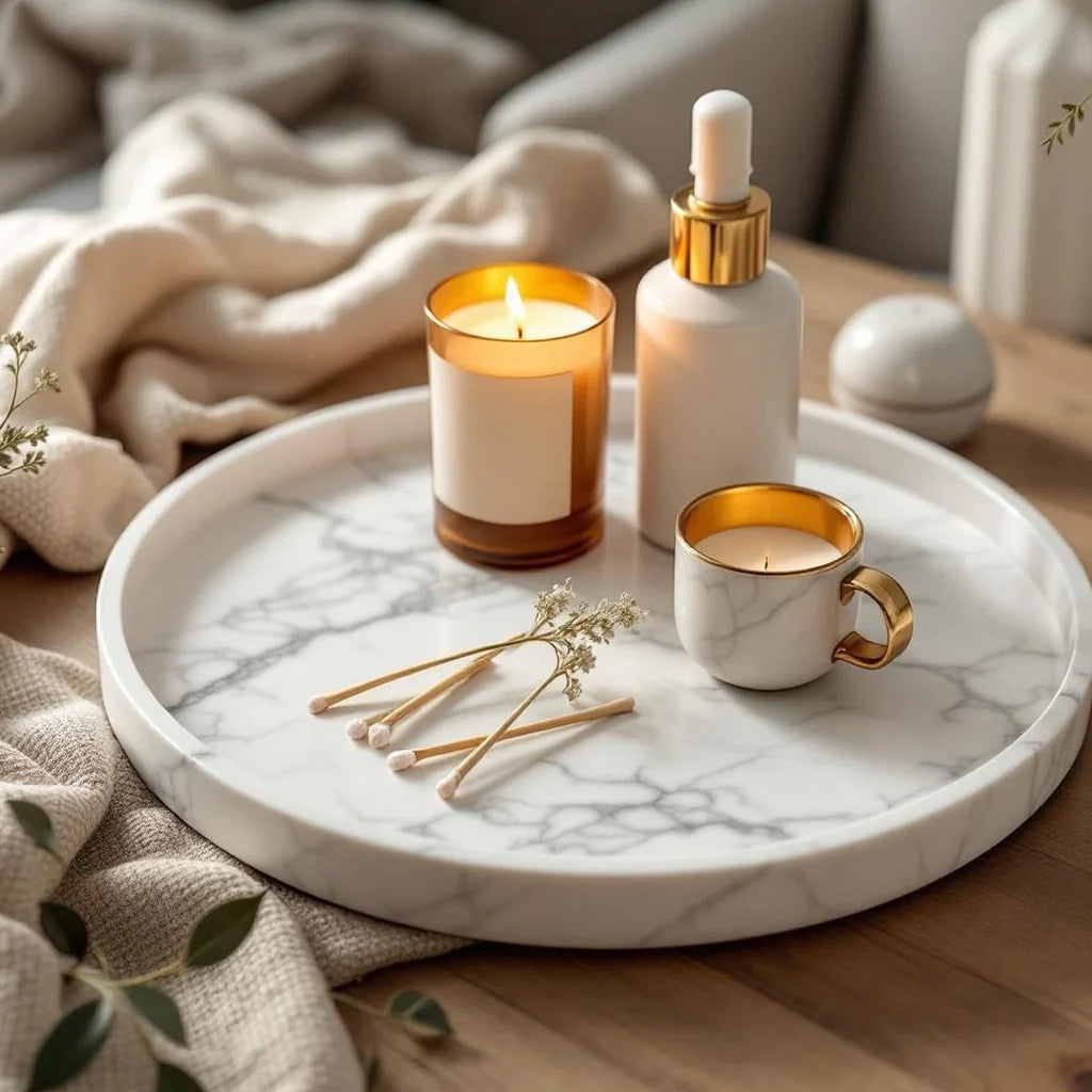 Marble-Look Decorative Tray in Warm White