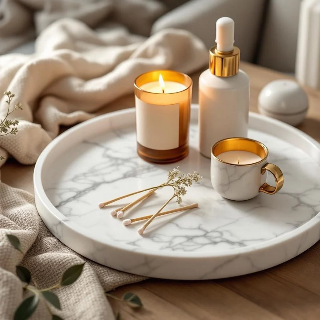 Marble-Look Decorative Tray in Warm White