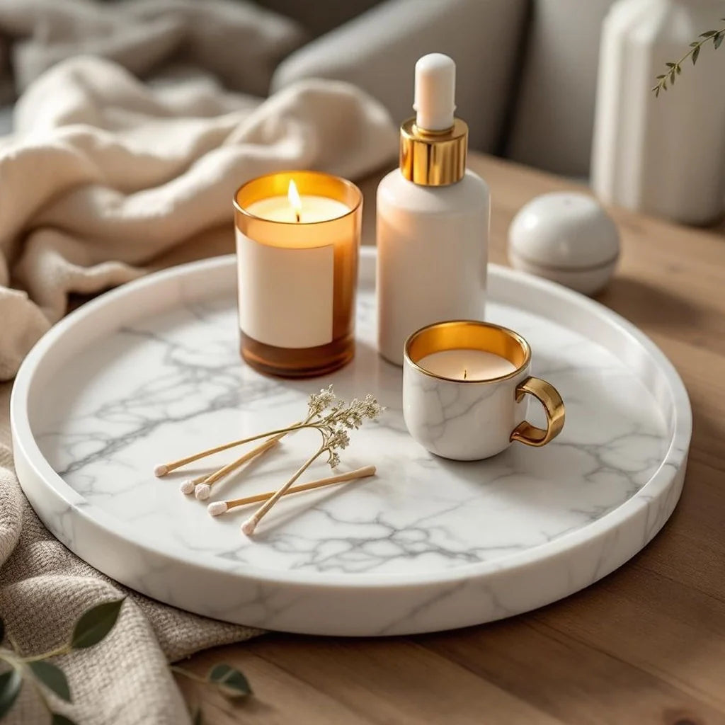 Marble-Look Decorative Tray in Warm White