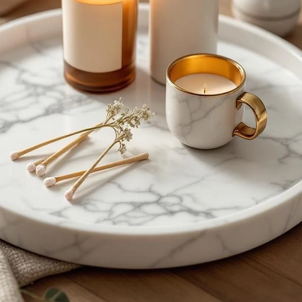 Marble-Look Decorative Tray in Warm White