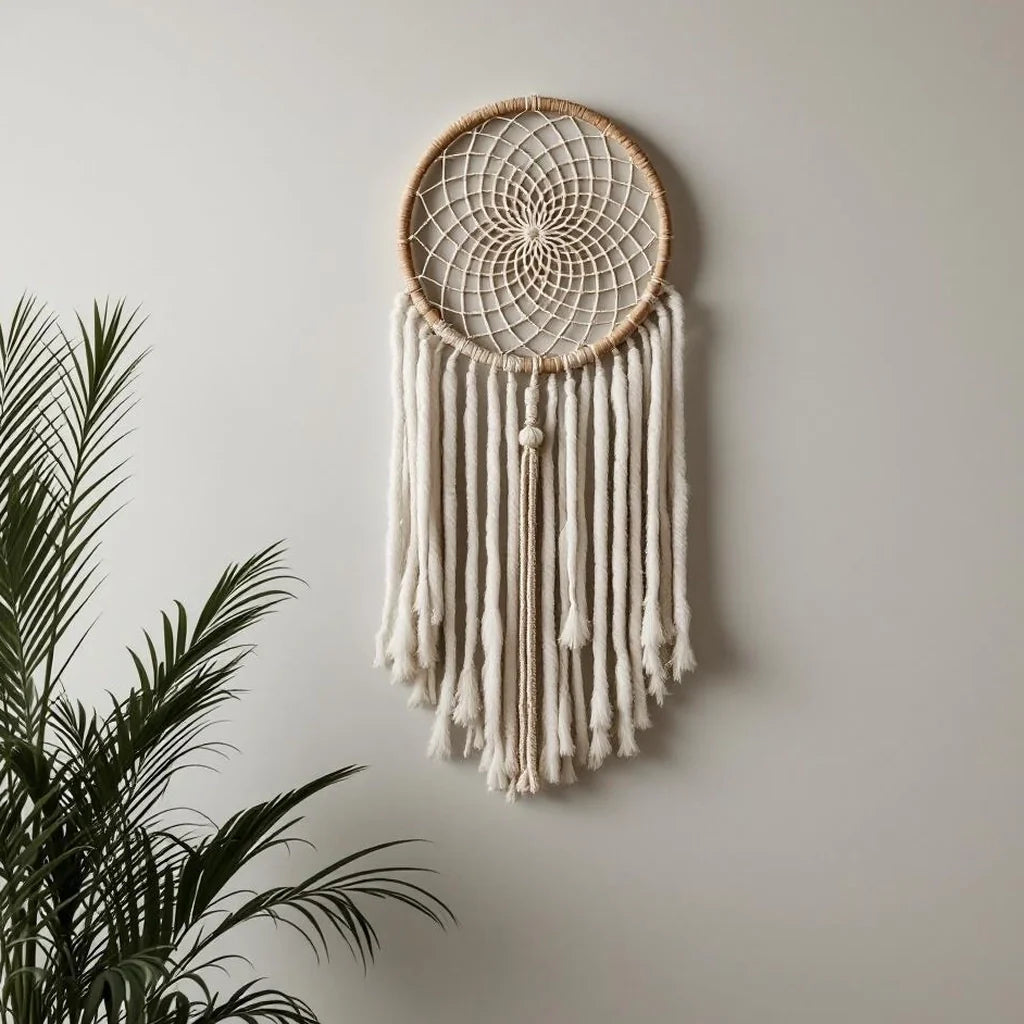 Modern Dreamcatcher Wall Hanging in Neutral Fiber