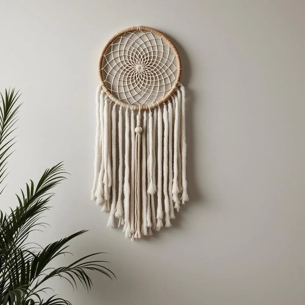 Modern Dreamcatcher Wall Hanging in Neutral Fiber