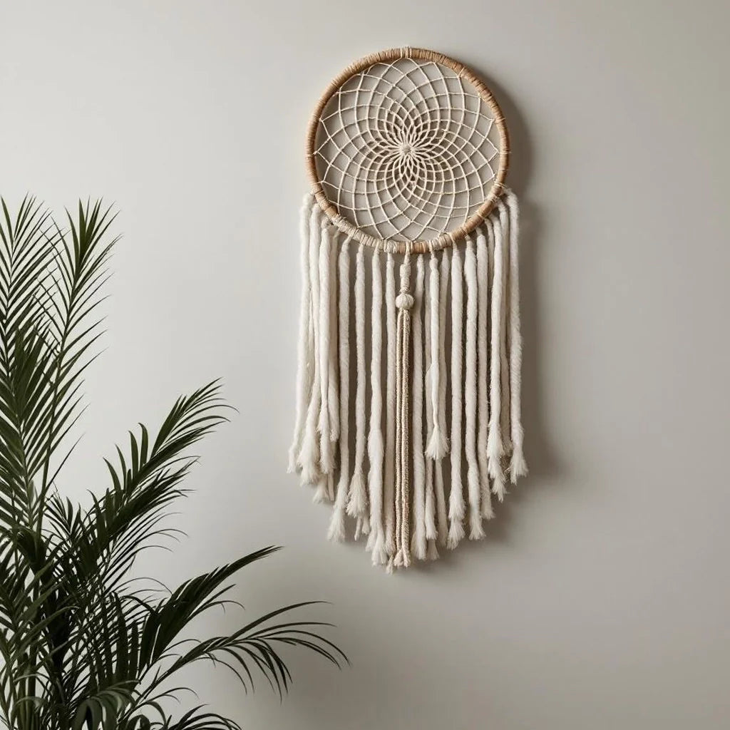 Modern Dreamcatcher Wall Hanging in Neutral Fiber